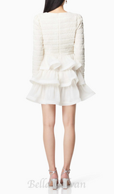 Ruffle trim Long Sleeved Mini Dress in white