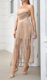 PENELOPE TULLE STRIPED EMBELLISH STRAPLESS APRICOT  MIDI DRESS