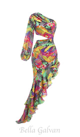 ONE SHOULDER RUFFLR TRIM PRINTED MAXI DRESS