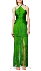 BRIANNA HALTER NECK FRINGE TASSEL DRESS IN GREEN