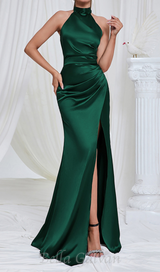 EMMA HALTER SLIT SATIN MERMAID MAXI DRESS IN GREEN