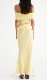 Reanko Off Shoulder Ruched Mesh Maxi Dress - Yellow