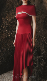 Spaghetti Strap Asymmetric Pleated midi Dress in red