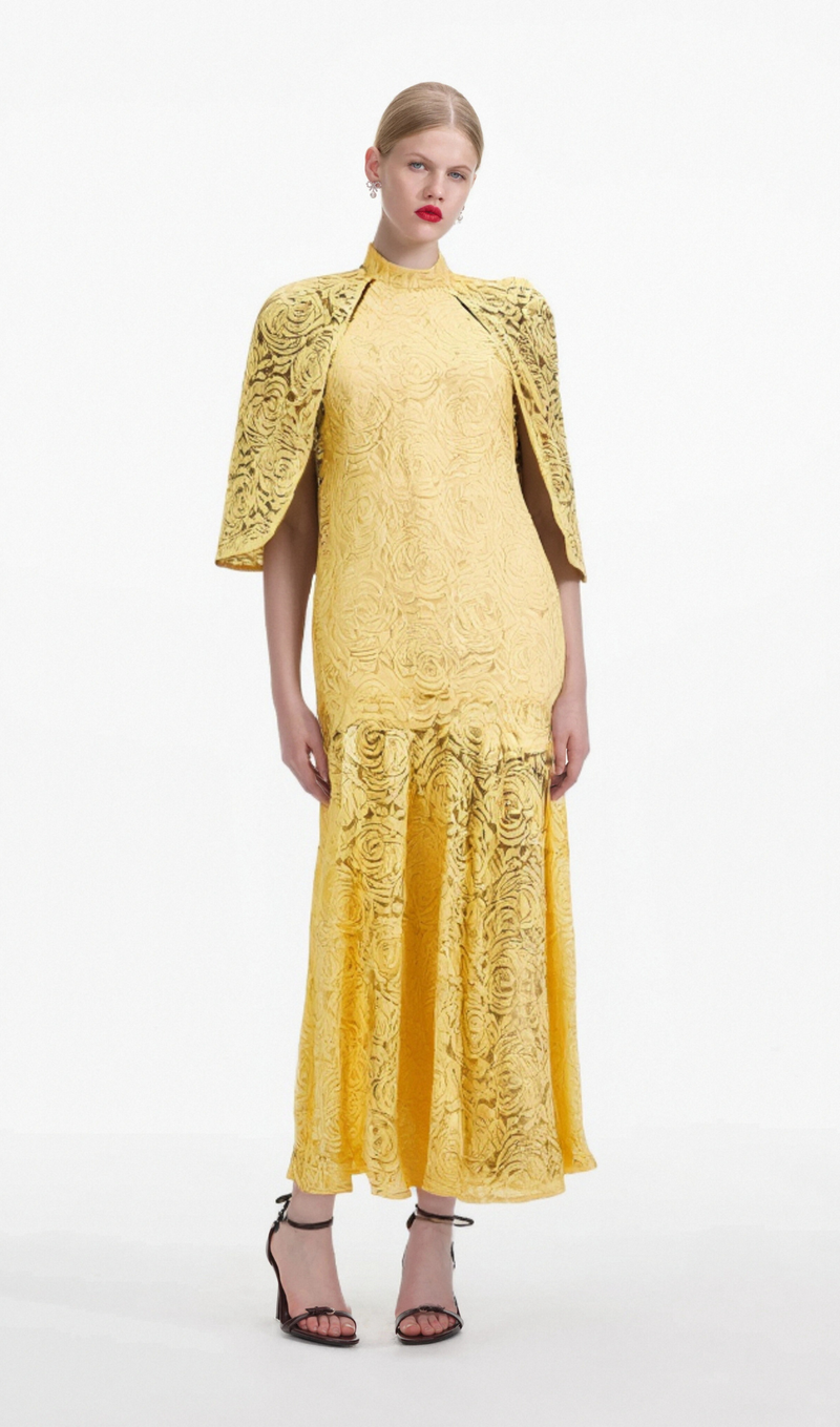 Ursula yellow cape-design chantilly-lace maxi dress