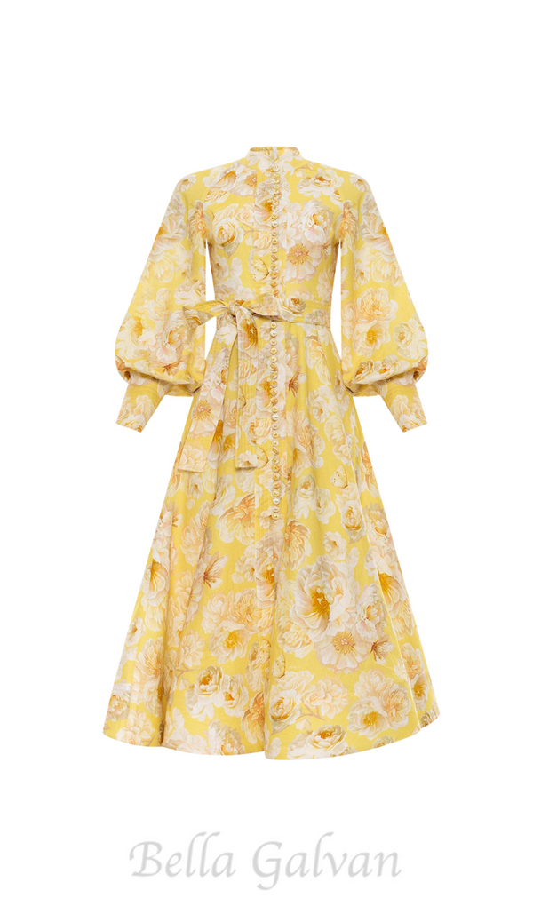 SIGRID YELLOW BUTTERCUP JASMINE LANTERN SLEEVE MIDI DRESS