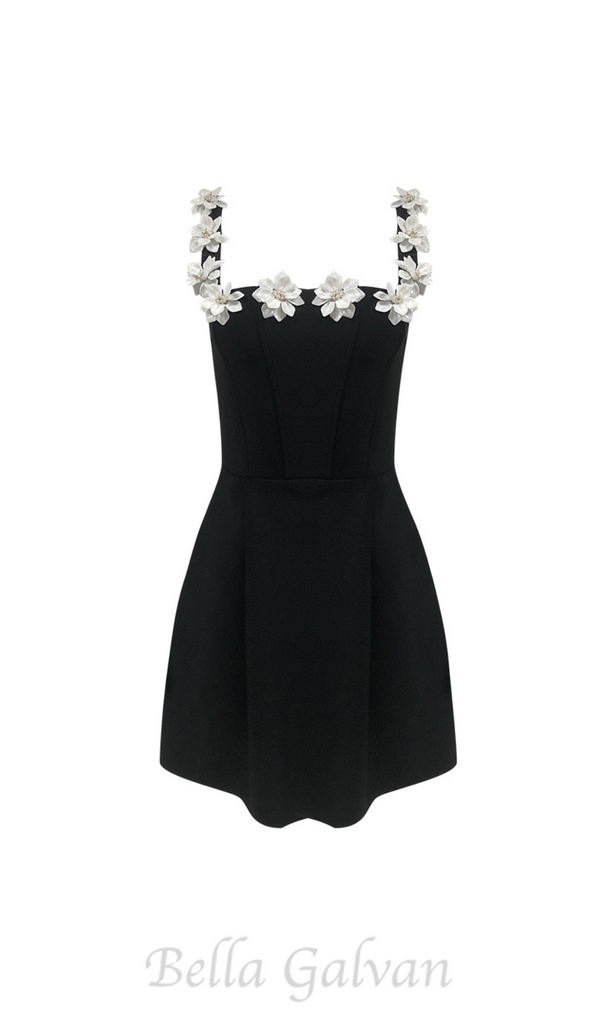 ZENOBIA FLOWER EMBELLISHED BLACK MINI DRESS