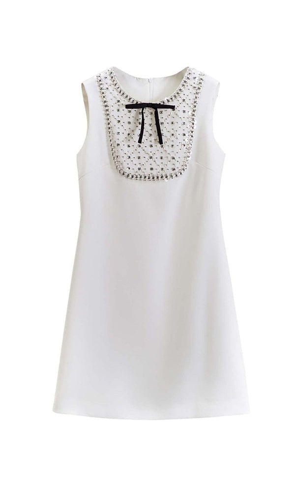 RHINESTONE BOW TIE MINI DRESS IN WHITE