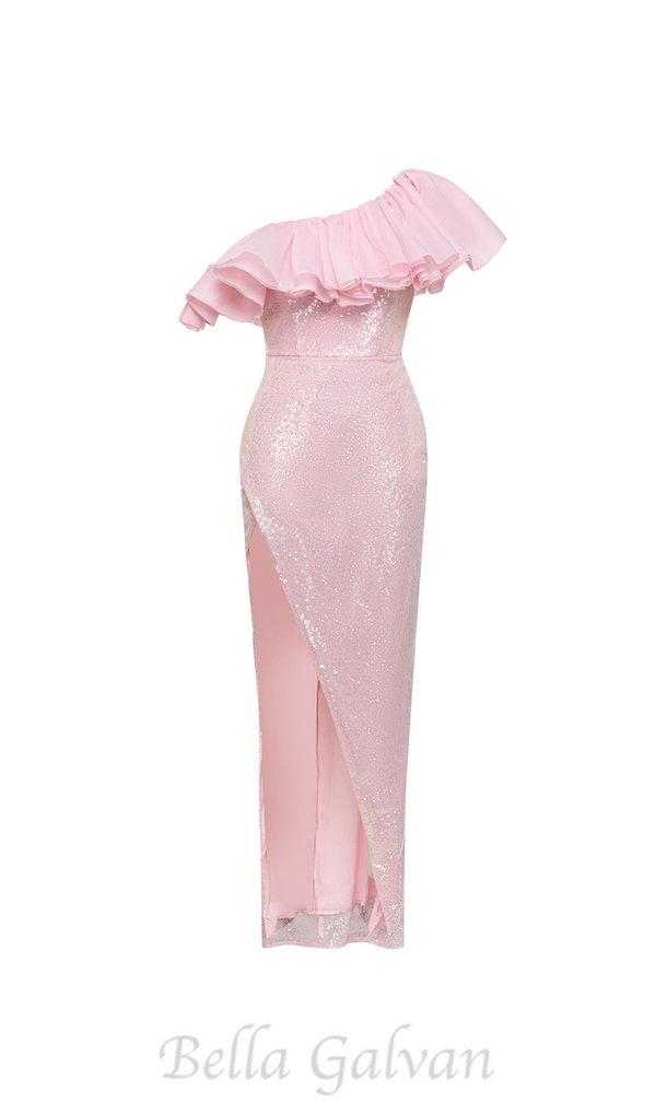 ELVA PINK RUFFLE TRIM HIGH SLIT SEQUIN MIDI DRESS