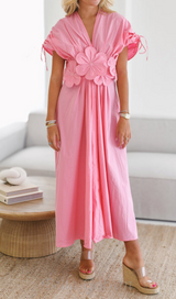 PATCHWORK APPLIQUES MIDI DRESS IN PINK