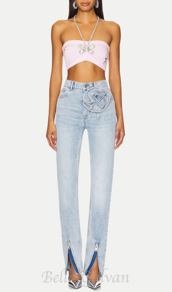 Quinta Floral Zip-Hem Skinny Jeans in pale blue