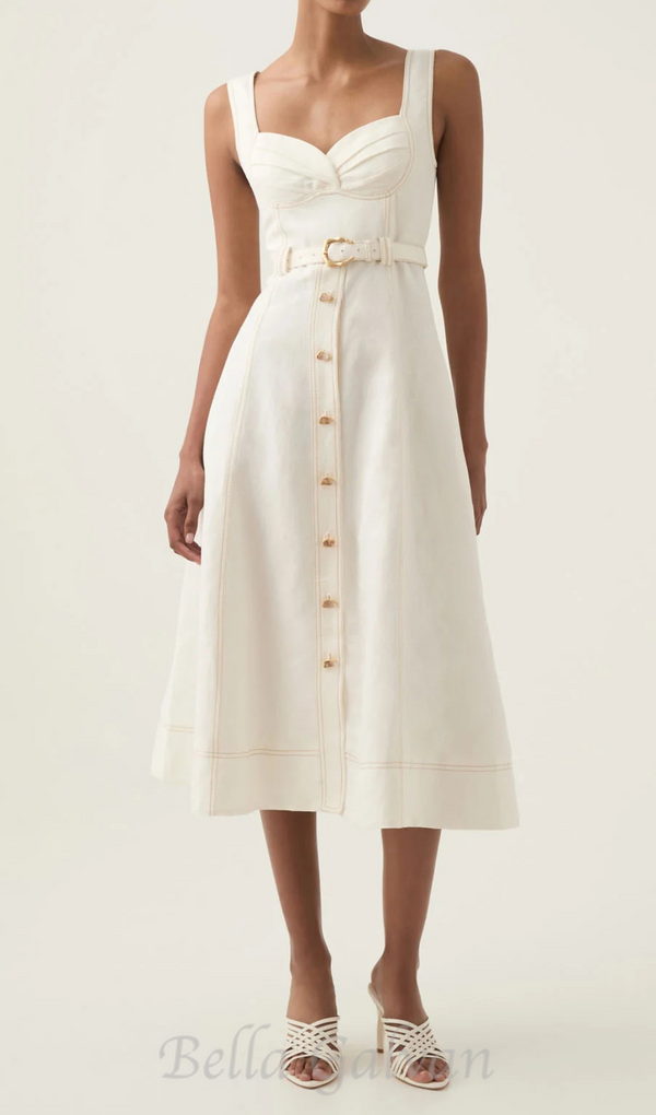 sweetheart neckline belted midi dress in ivory