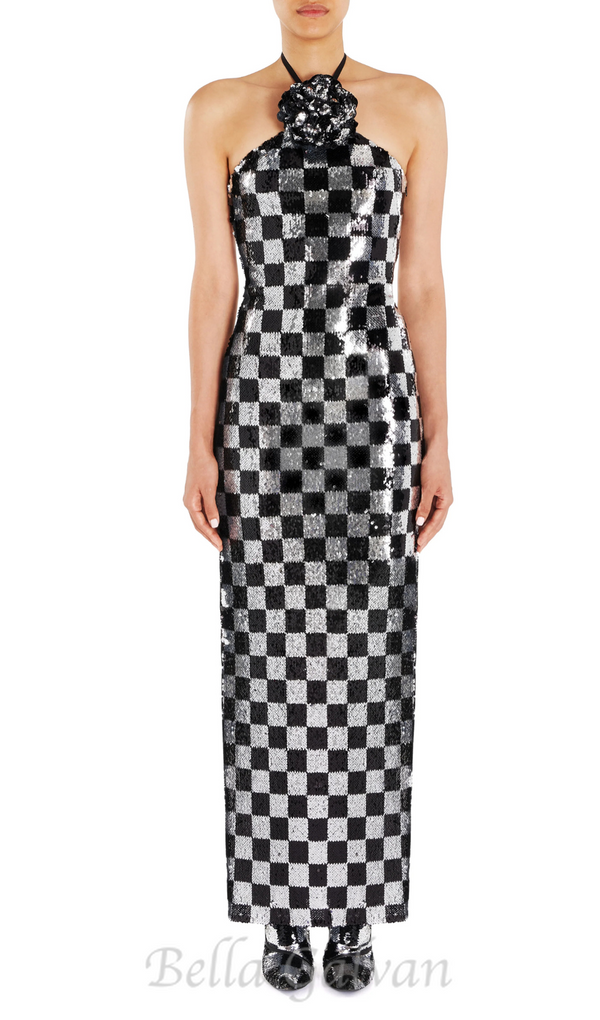 checkerboard sequin halter gown with flower