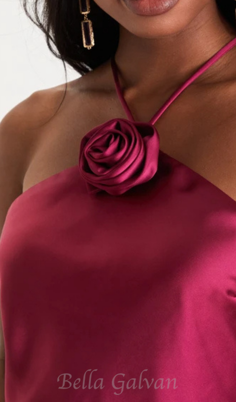 Sweet Prose Magenta Satin Rosette Halter Neck Mini Dress