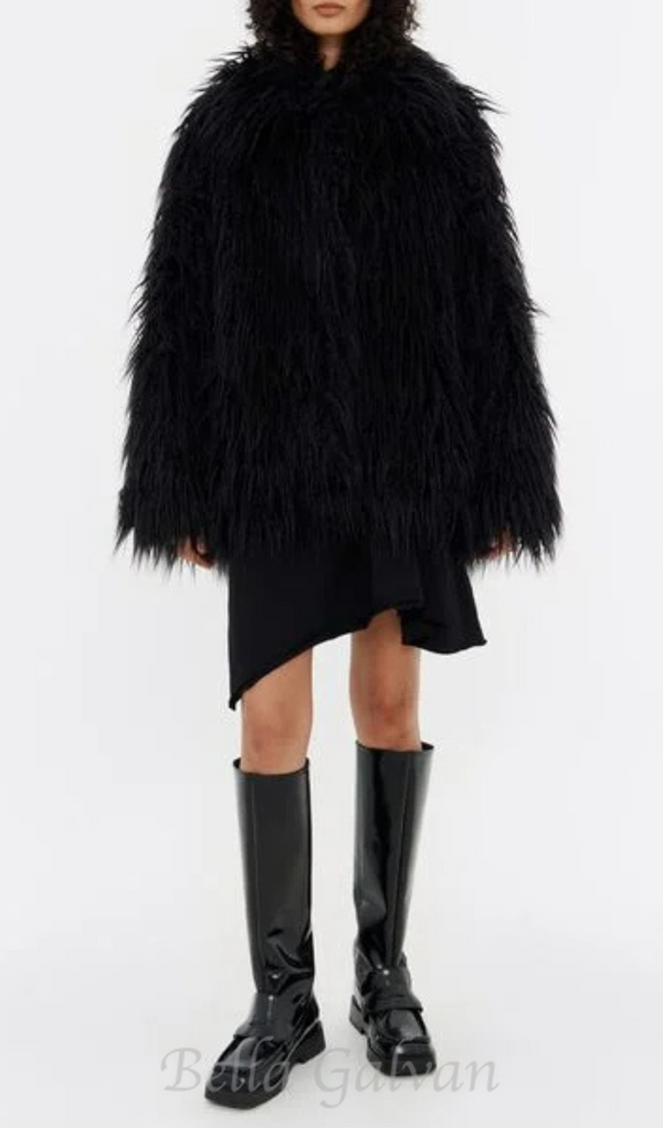 Short black fur coat