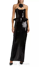 peplum waist sequin maxi dress in black