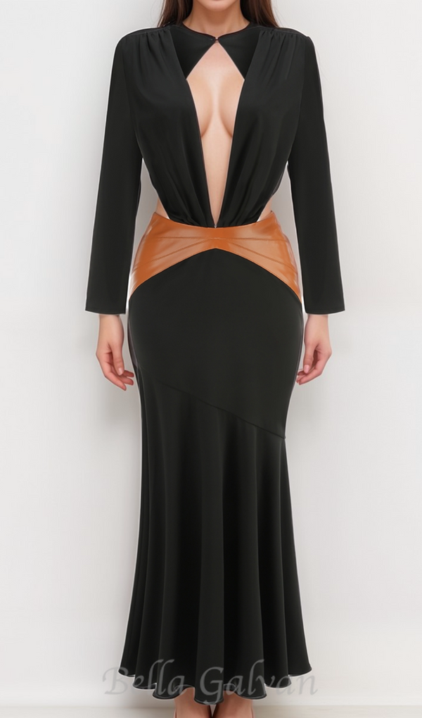 ASHLEY BLACK MAXI DRESS WITH OPEN BACK AND LEATHER PANE