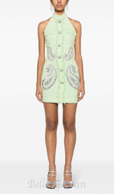 GEMMA PAISLEY-EMBELLISHED TWEED MINI DRESS IN GREEN