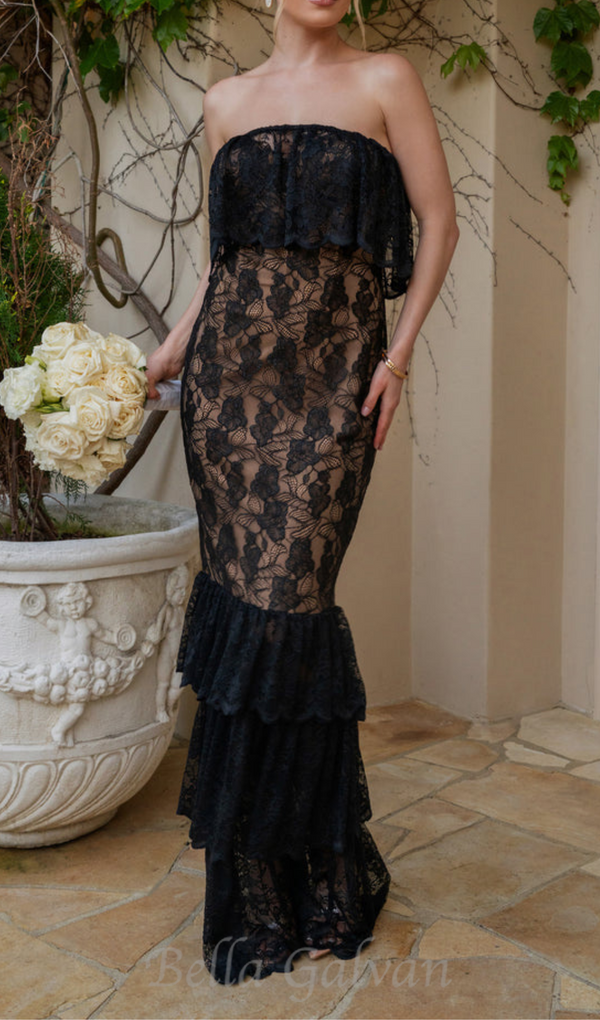 Carlin layer lace maxi dress in black