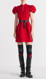 puff sleeve pleated mini dress in red (without black belt)