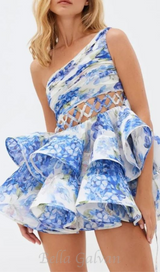 GAIL BLUE FLORAL PRINTED ONE-SHOULDER MINI CHIFFON DRESS