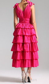 PLUNGE V RUFFLE TIERED SLIT GOWN IN PINK