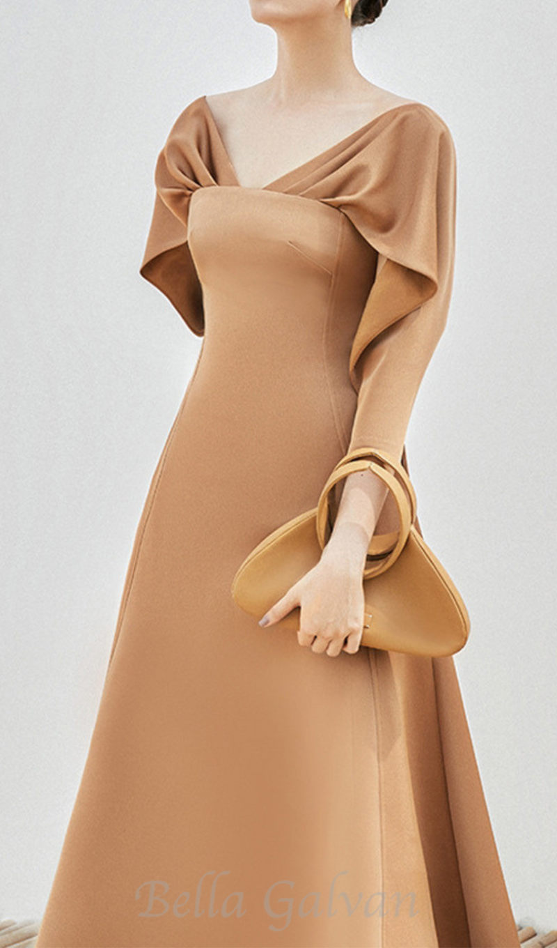 ODELIA V-NECK BROWN A-LINE MIDI DRESS