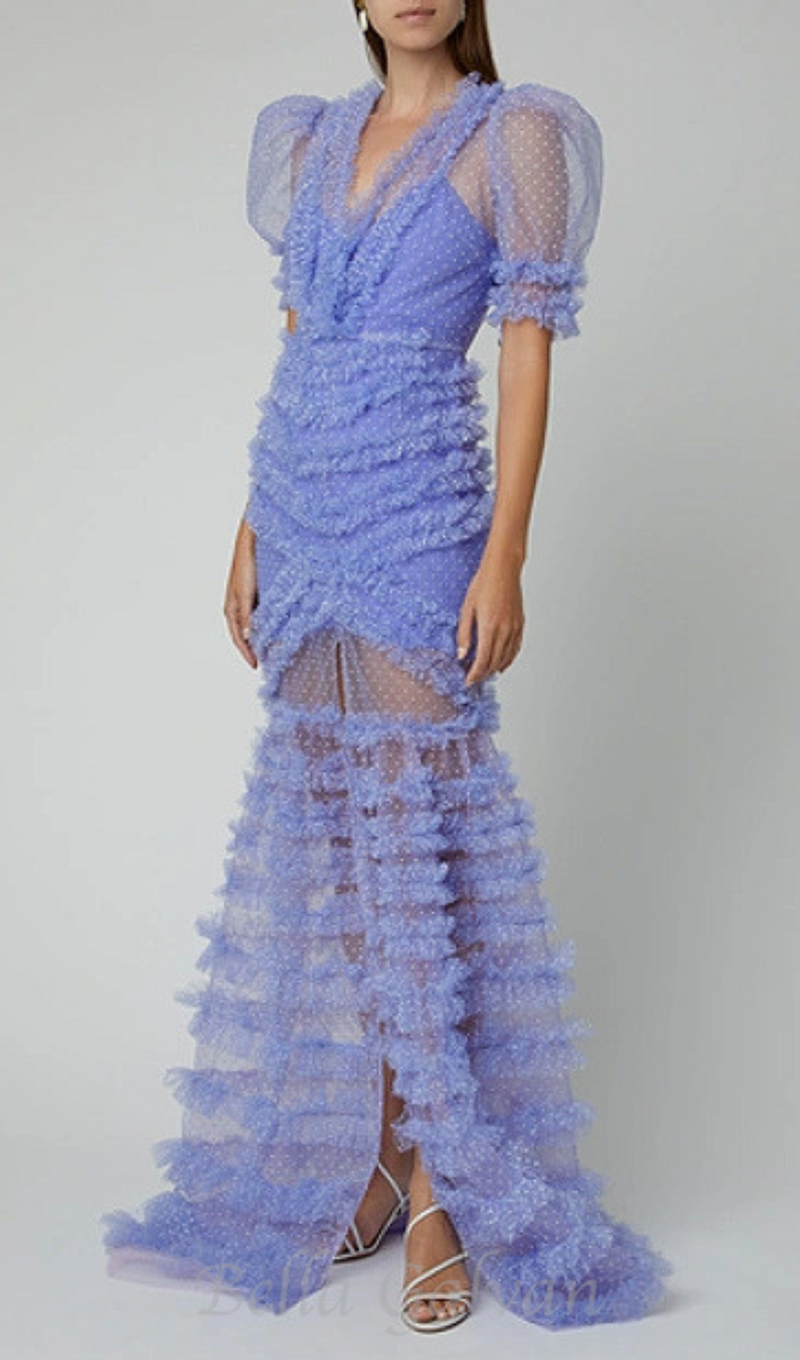 v-neckline tiered mesh gown in blue