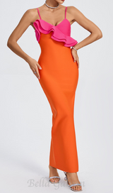 SIMONA ORANGE RUFFLE STRAP BANDAGE MAXI DRESS