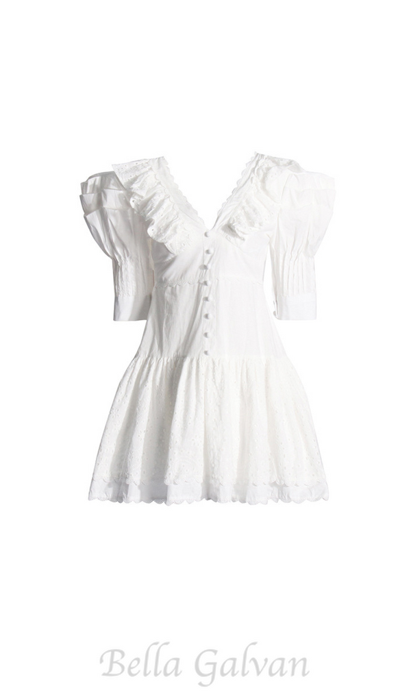 WHITE V-NECK EMBROIDERED RUFFLED MINI DRESS