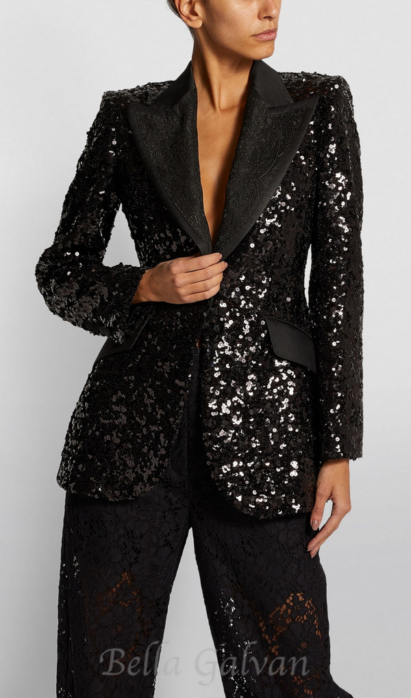 ALEXANDRA BLACK SEQUINED EMBELLISHED SATIN BLAZER