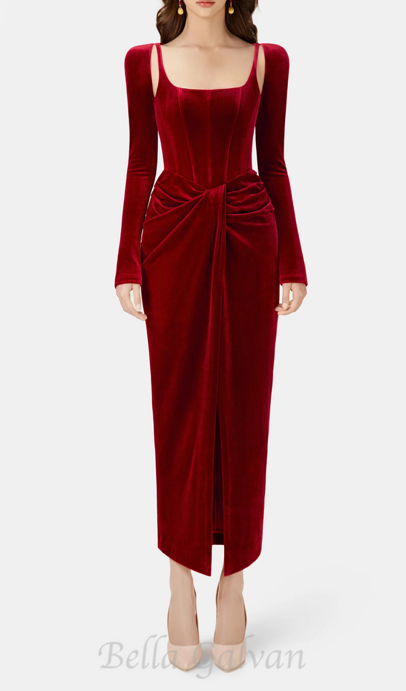 Bordeaux Velvet Draped midi Dress