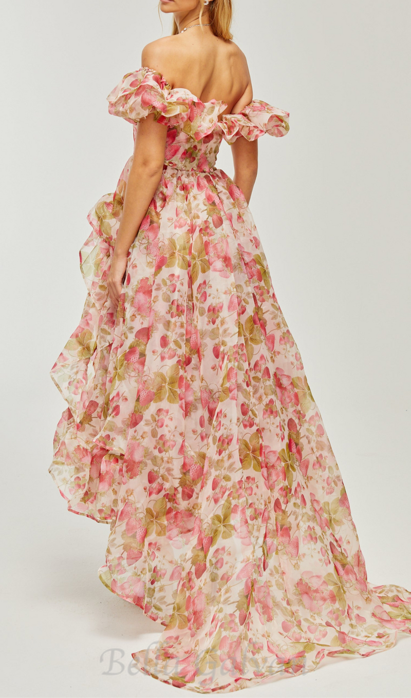 FRUIT-PRINT RUFFLED MAXI DRESS IN PINK