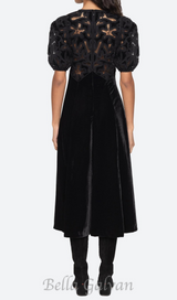 Velvet Puff Sleeve Embroidered Midi Dress in black