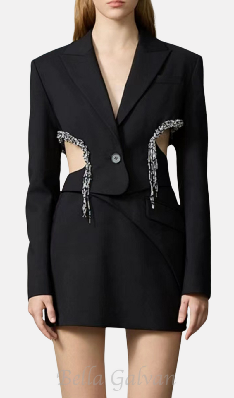 crystal-embellished cut out blazer dress in black