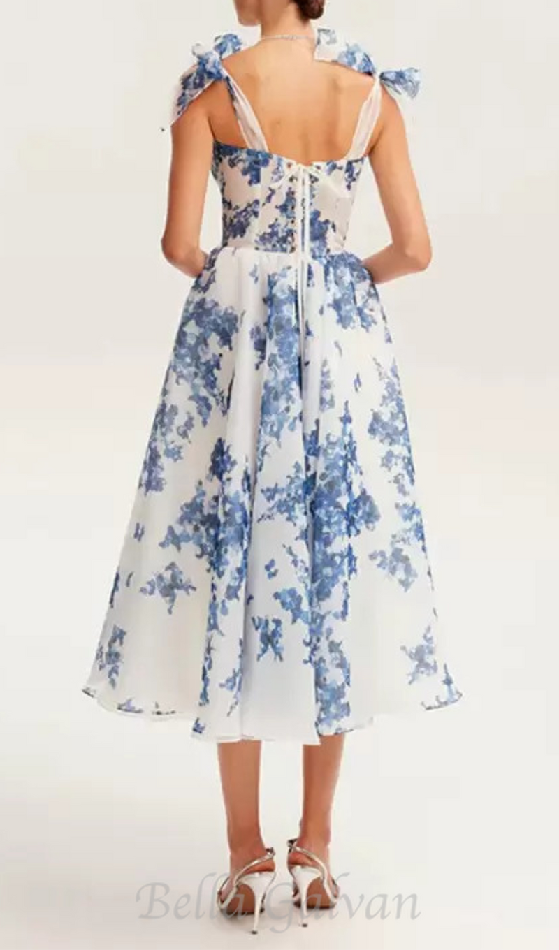 PRIMA PALE BLUE FLORAL A-LINE STRAP MIDI DRESS