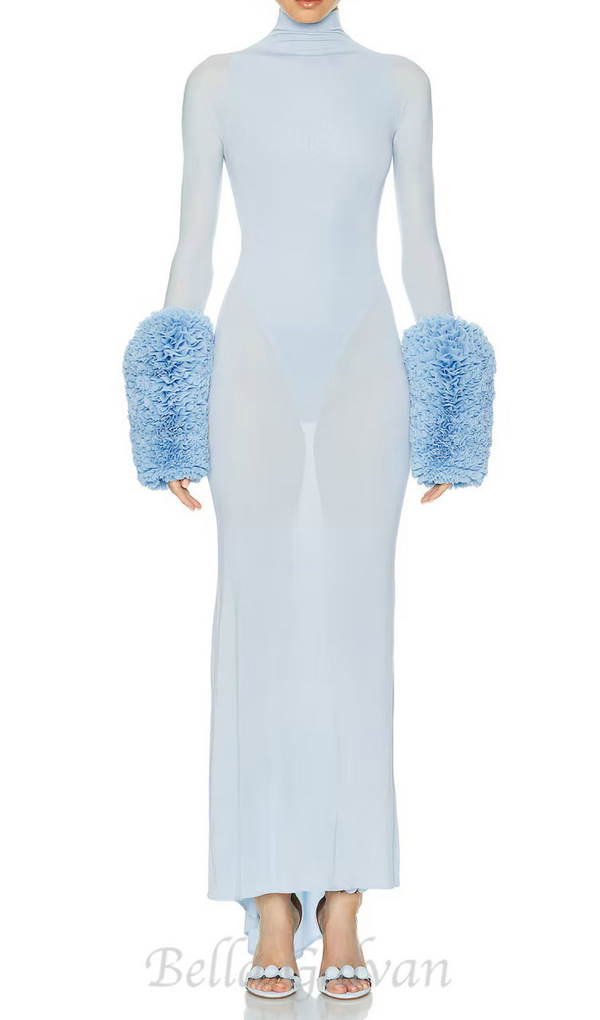 MICHELLE RUFFLED TURTLENECK MAXI DRESS IN PALE BLUE