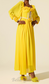 Chiffon 3D Flower Long Sleeve Midi Dress in yellow