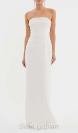 pearl-embellished strapless gown in white