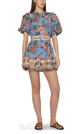 AMELIA BOUQUET PRINT MINI DRESS IN BLUE