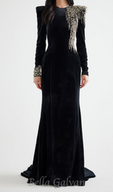 embroidered velvet maxi dress in black