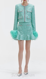 STEPHANIE BOUCLE FEATHER JACKET SUIT IN GREEN