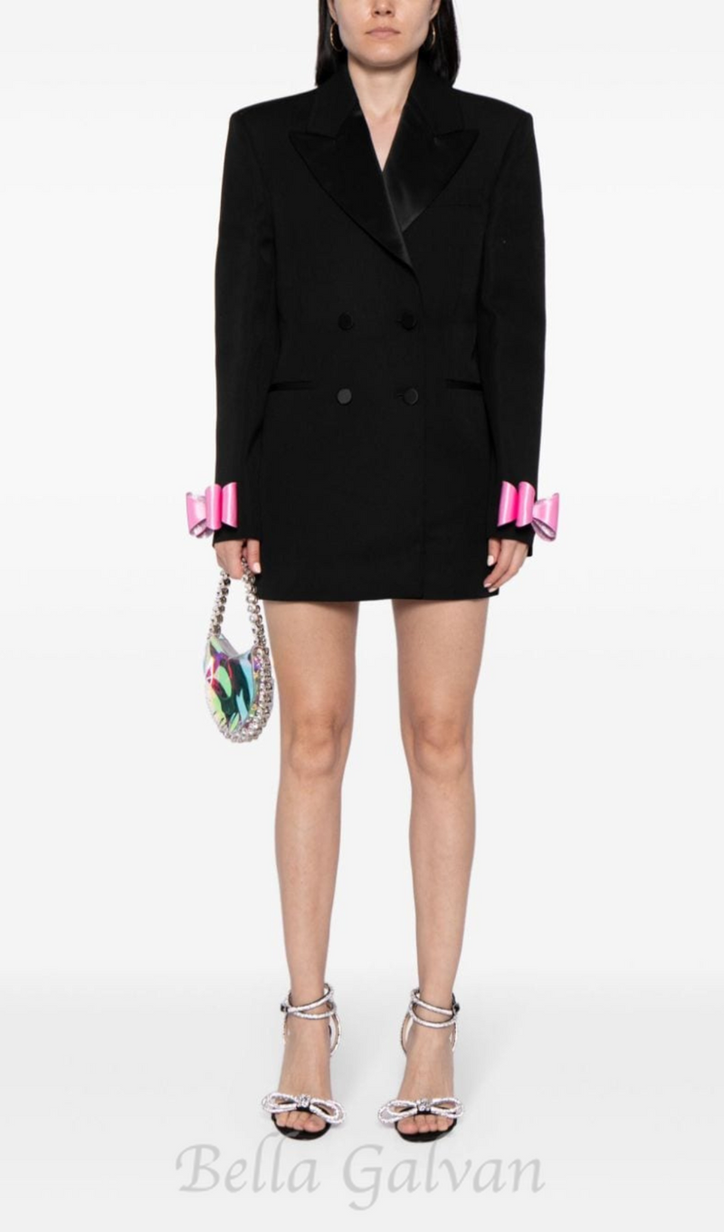 INGRID BOW-EMBELLISHED WOOL BLACK BLAZER DRESS