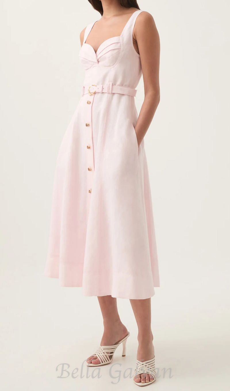 sweetheart neckline belted midi dress in pink