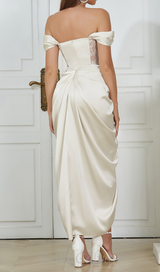 CAMILLE WHITE SATIN CORSET OFF SHOULDER GOWN