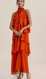 Carrie orange halterneck flounced maxi dress