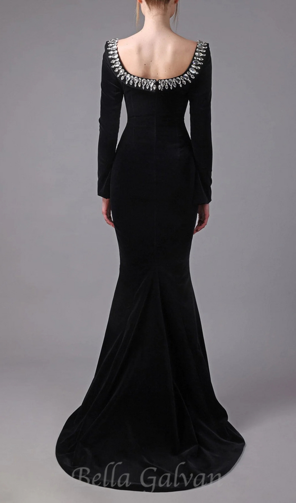 black crepe gown with crystal neckline