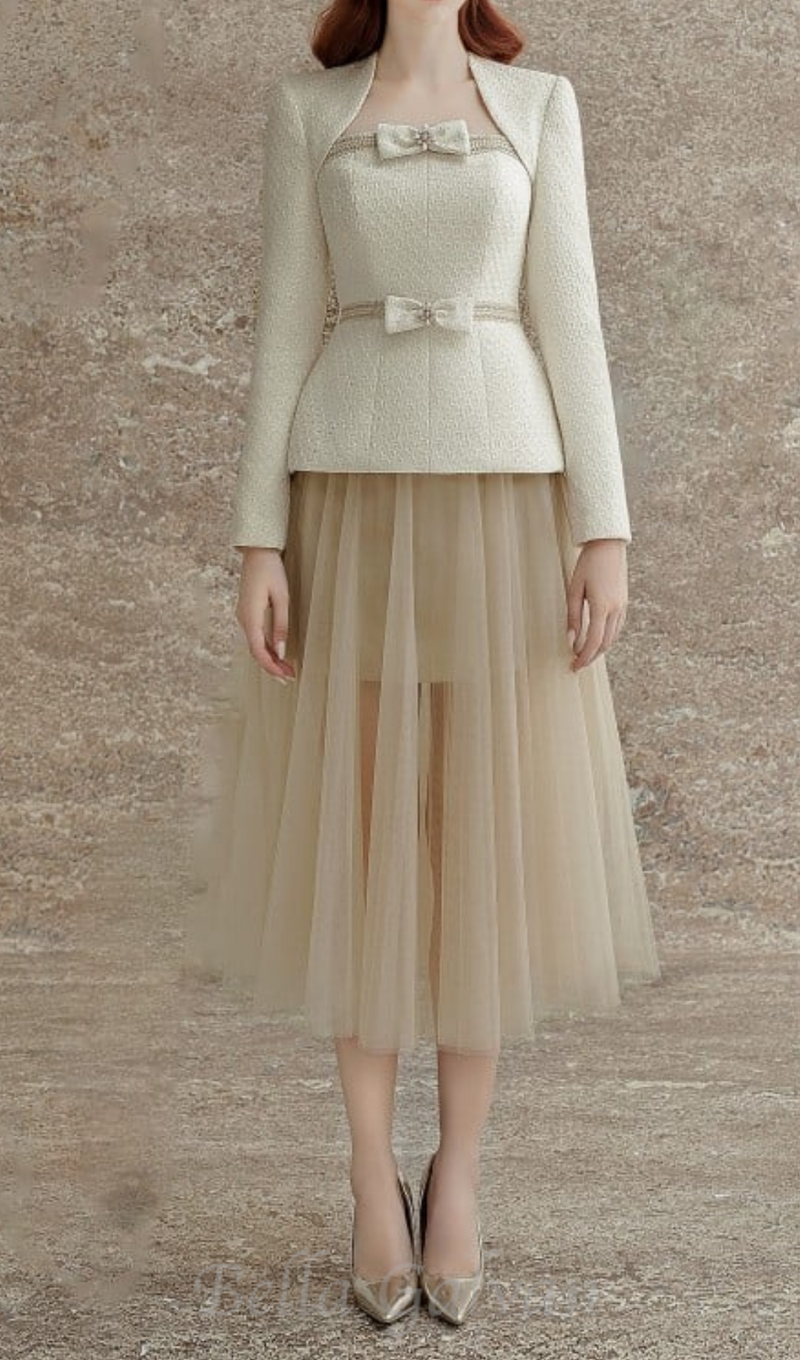 tweed jacket tulle skirt suit in apricot