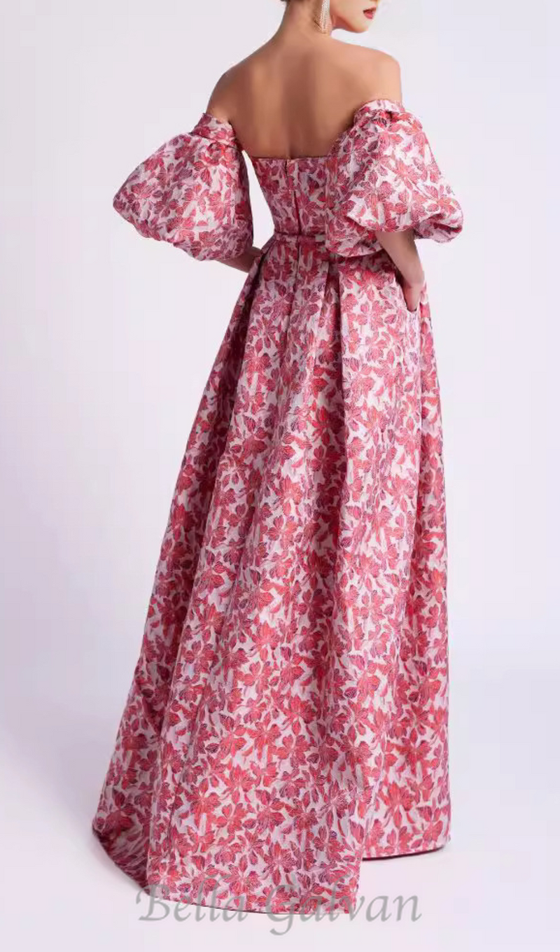 peach Printed Lantern Sleeve Maxi Dress