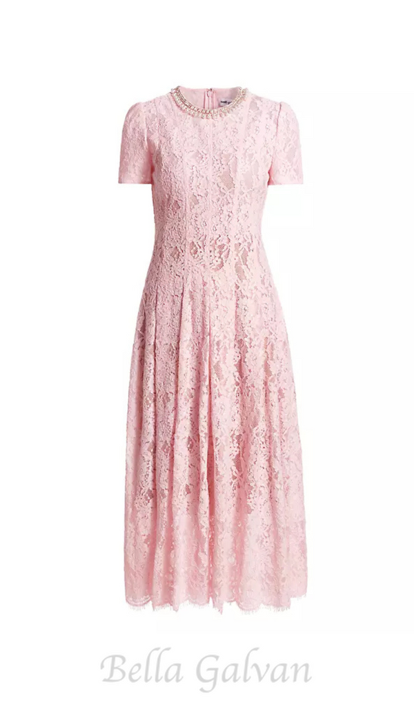 Sequin Floral Lace Midi Dress in pink