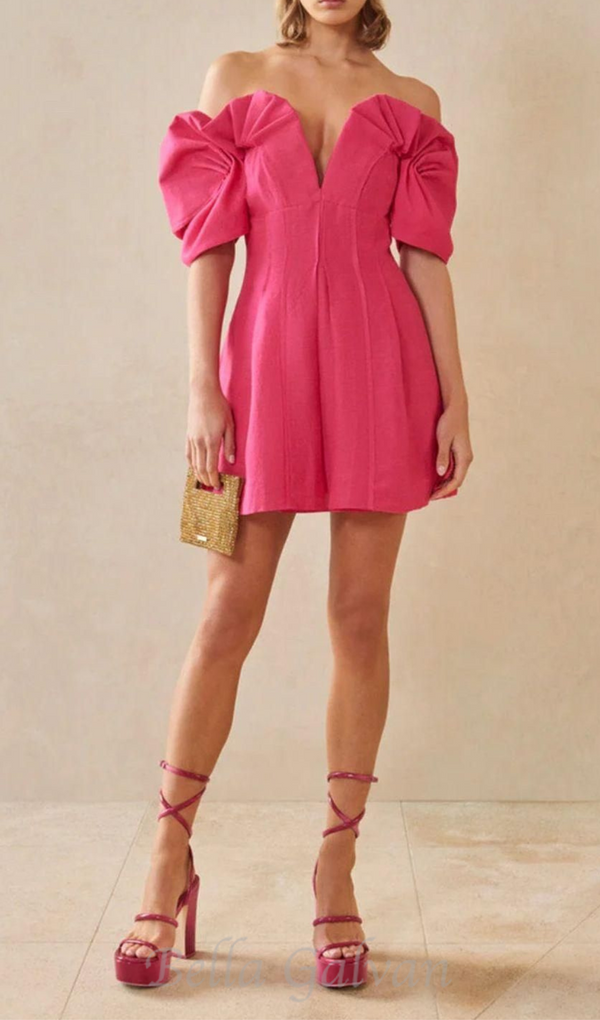 RUFFLED OFF-SHOULDER MINI SILK DRESS IN PINK